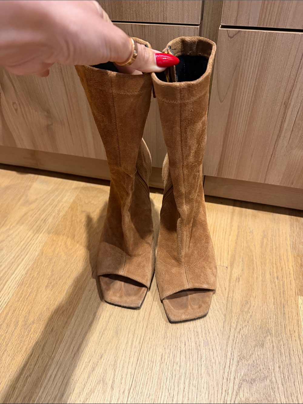 Paris Texas Open-Toe Suede Mid-Calf Boots in Cognac